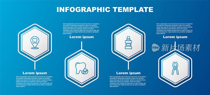 Set line Dental clinic location, Tooth whitening concept, Mouthwash bottle and pliers. Business infographic template. Vector
